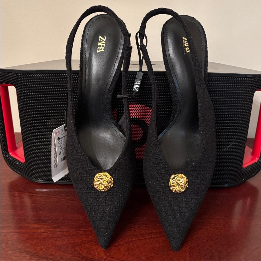 Zara tweed textured decorative button pointed toe black sling back heels sz.8 - Picture 4 of 13
